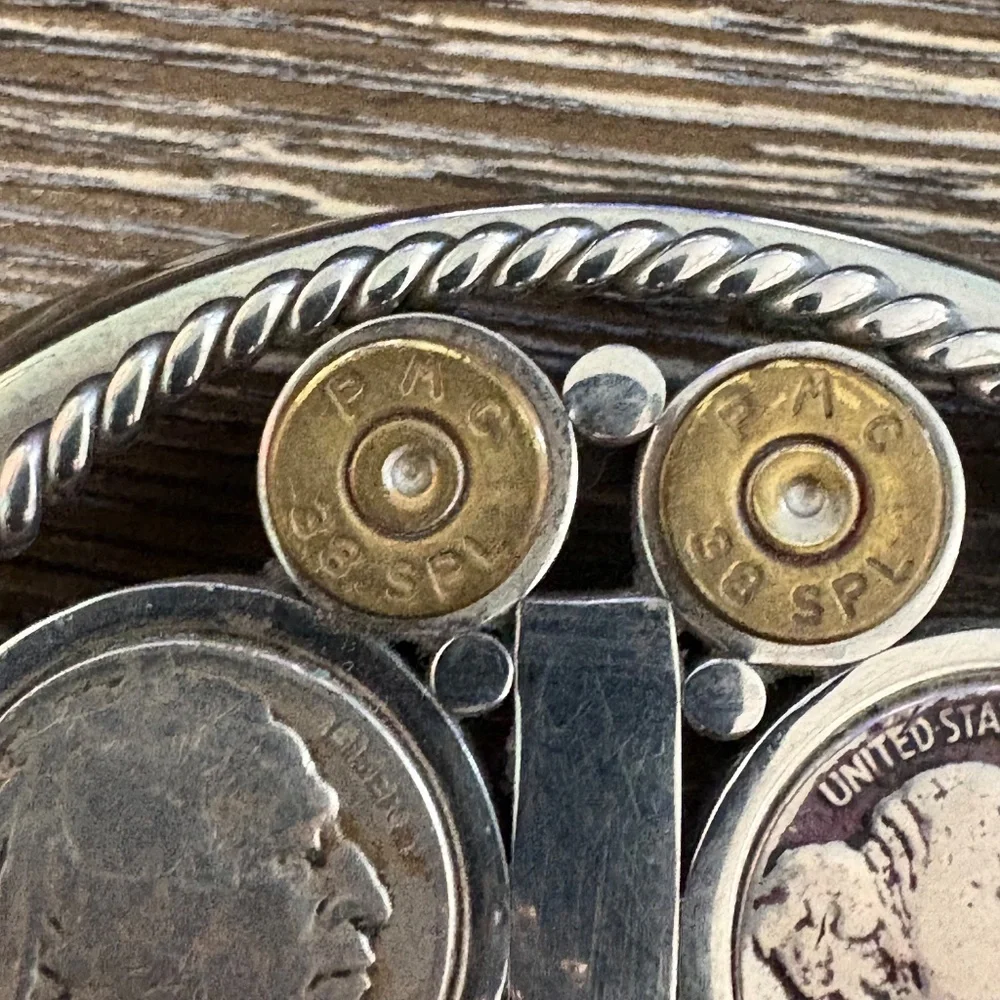 Vintage custom belt buckle featuring Buffalo nickels and brass bullet casings